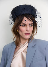 Rhea Pillbox in Straw with Spotted Veiling in Navy