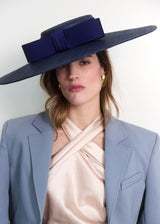 Cynthia Boater Hat in Pinokpok with Satin Bow in Navy