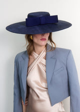 Cynthia Boater Hat in Pinokpok with Satin Bow in Navy