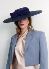 Cynthia Boater Hat in Pinokpok with Satin Bow in Navy