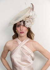 Lilaya Hat in Sinamay with Flower and Buntal Twists in Beige