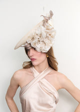 Lilaya Hat in Sinamay with Flower and Buntal Twists in Beige