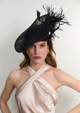 Aurora Hat in Sinamay with Goose Feathers in Black