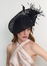 Aurora Hat in Sinamay with Goose Feathers in Black
