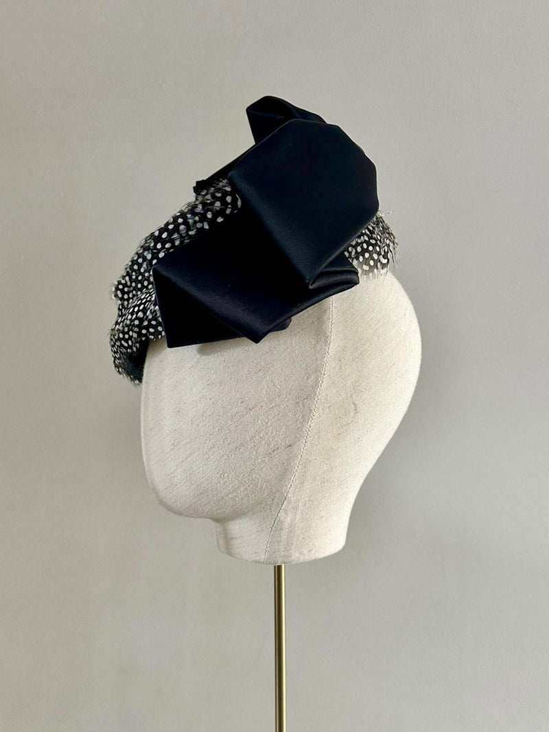 Neso Hat with Guinea Fowl Feathers and Black Satin Bow in Black