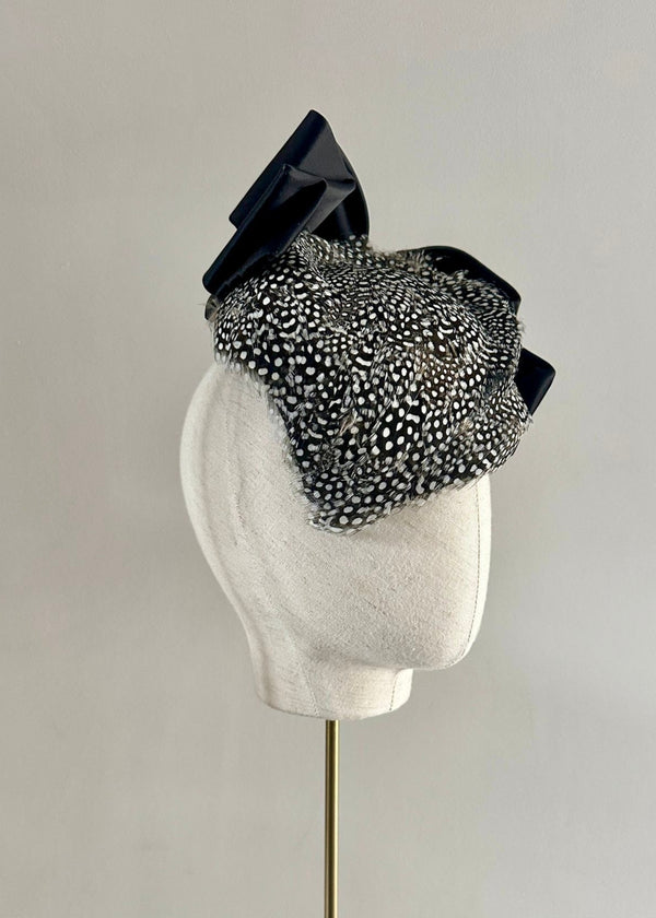 Neso Hat with Guinea Fowl Feathers and Black Satin Bow in Black