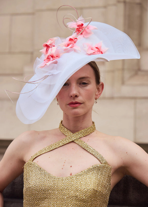 Alectrona Hat with Pink Flowers in White (XL) Jane Taylor London