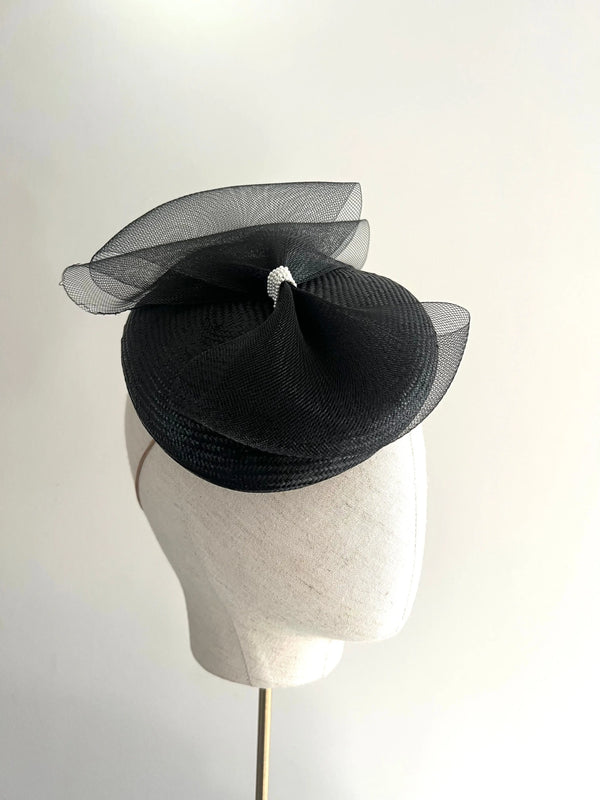 Black Teardrop Cocktail Hat with Crin Bow Jane Taylor London