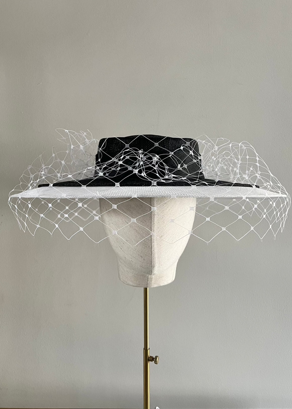 Boater Hat in Two Tone Sinamay with Veiling Jane Taylor London