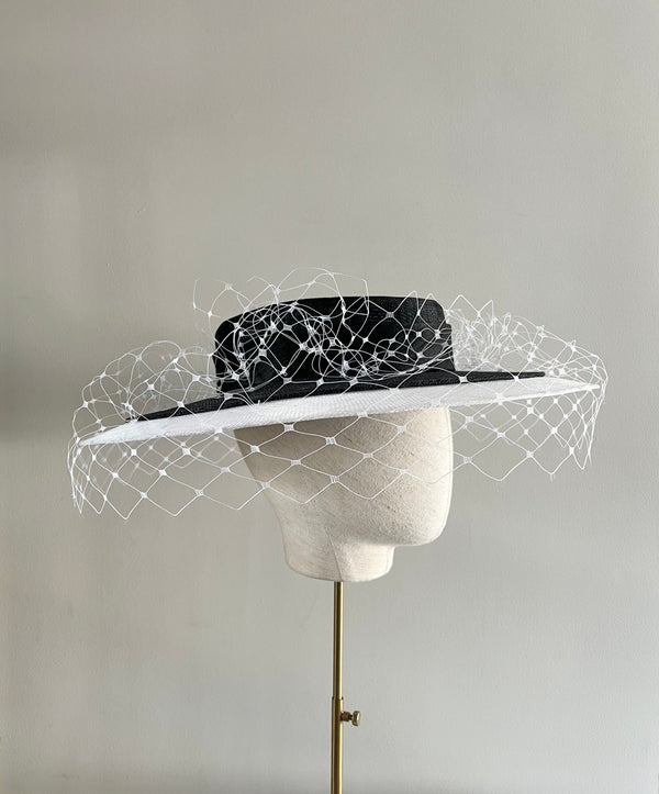 Boater Hat in Two Tone Sinamay with Veiling Jane Taylor London