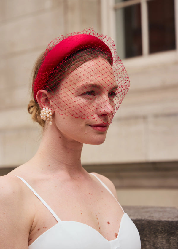 Cora Headband in Satin with Veil in Red Jane Taylor London