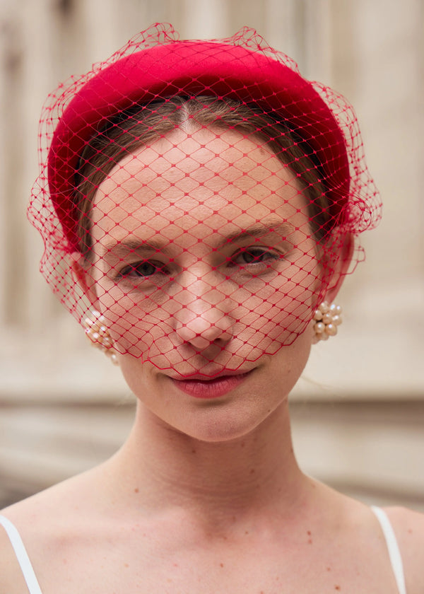 Cora Headband in Satin with Veil in Red Jane Taylor London