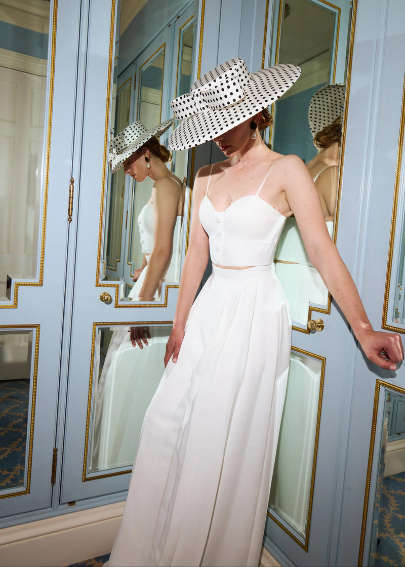Cynthia Boater Hat in Silk in Polka Dot Jane Taylor London