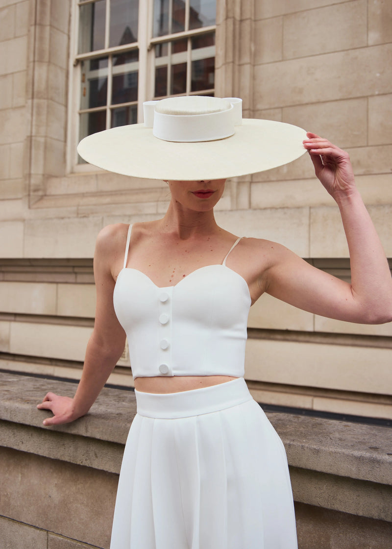 Cynthia Boater Hat in Straw with Bow in Ivory Jane Taylor London