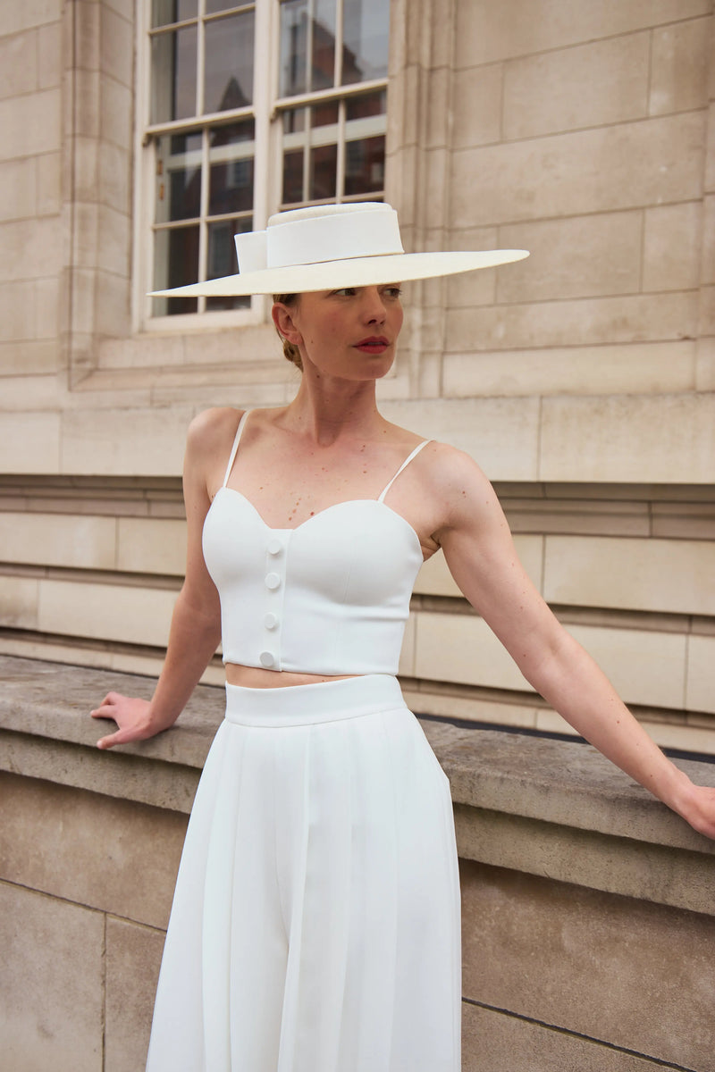 Cynthia Boater Hat in Straw with Bow in Ivory Jane Taylor London