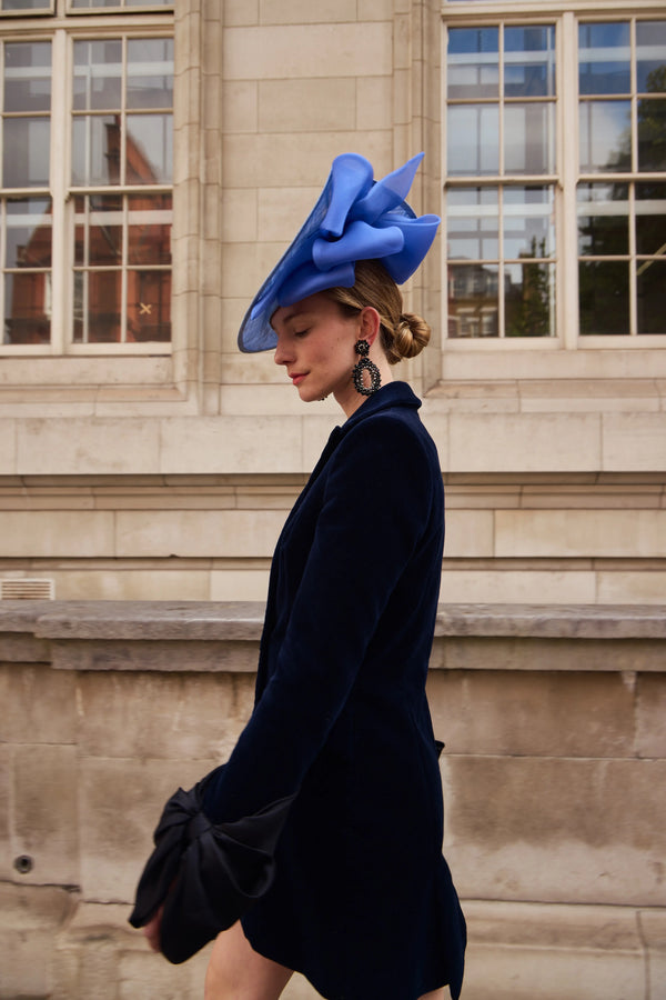Electryone Hat in Straw with Organza Waves in Blue Jane Taylor London