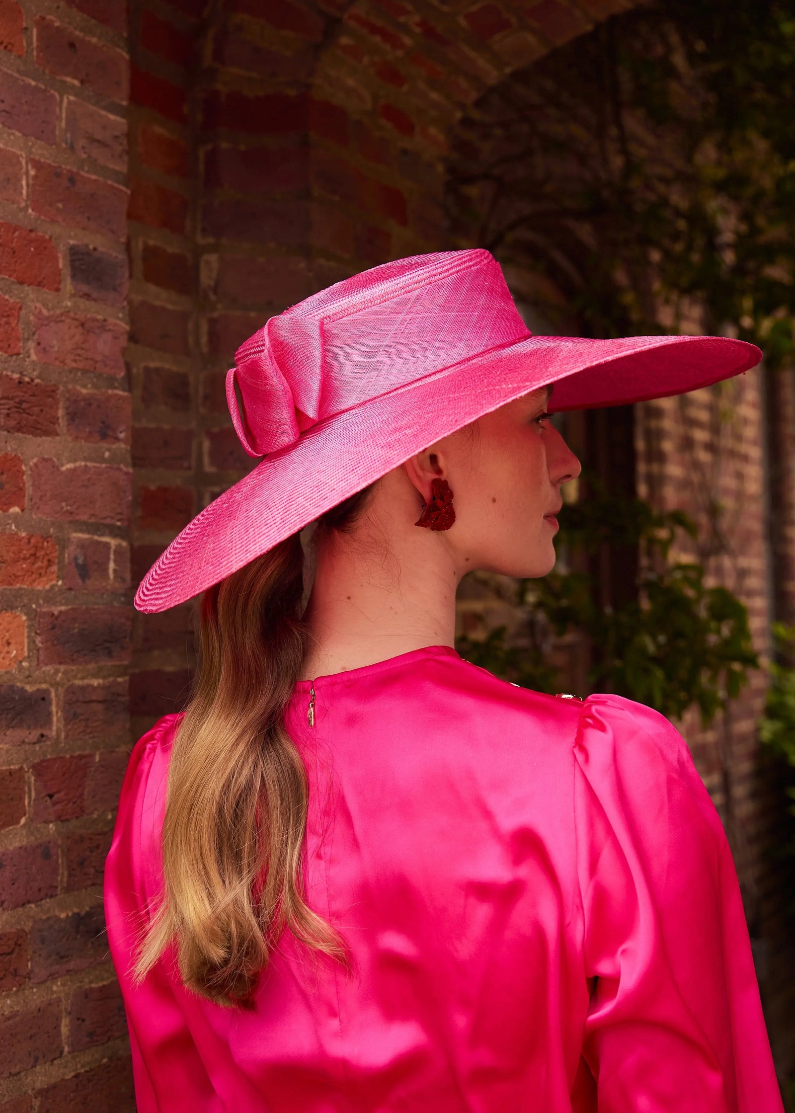 Enid Boater Hat in Straw with Pinokpok Bow in Fuschia - Jane  display picture 1