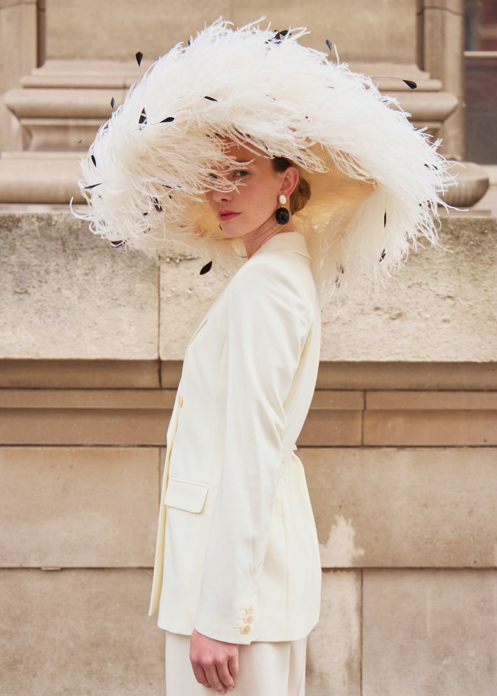 Enid Boater Hat with Feathers in Ivory