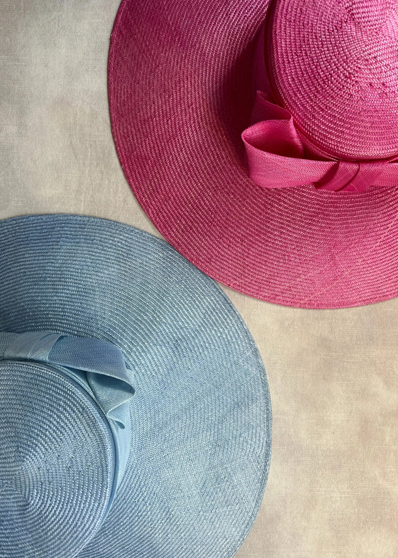 Enid Boater in Straw with Pinokpok Bow in Navy Jane Taylor London