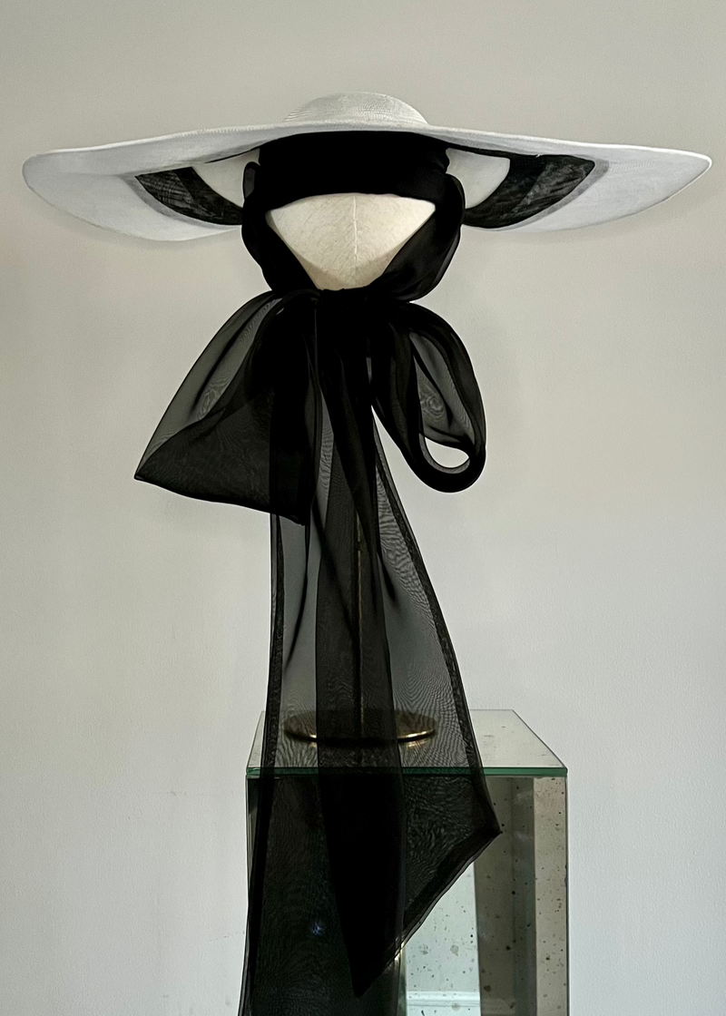 Oversized Luna Hat in Straw with Organza Bow in Black