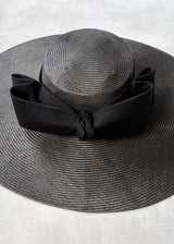 Enid Boater Hat in Straw with Satin Bow in Dark Brown