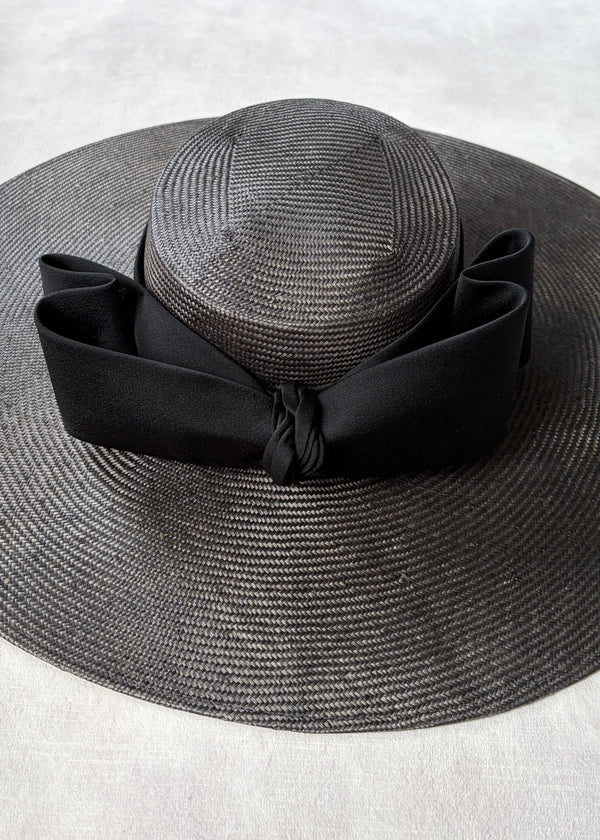 Enid Boater Hat in Straw with Satin Bow in Dark Brown