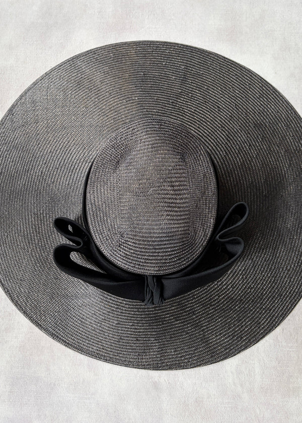 Enid Boater Hat in Straw with Satin Bow in Dark Brown