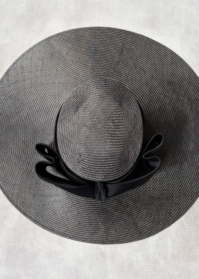 Enid Boater Hat in Straw with Satin Bow in Dark Brown
