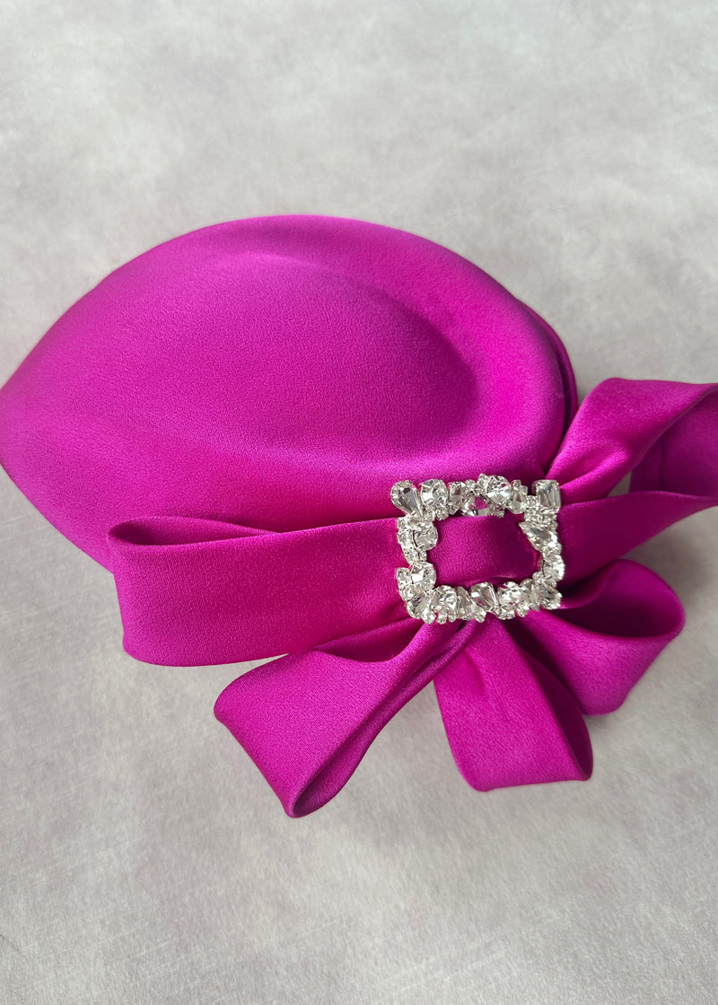 Neso in Satin with Bow and Crystal Buckle in Neon Pink