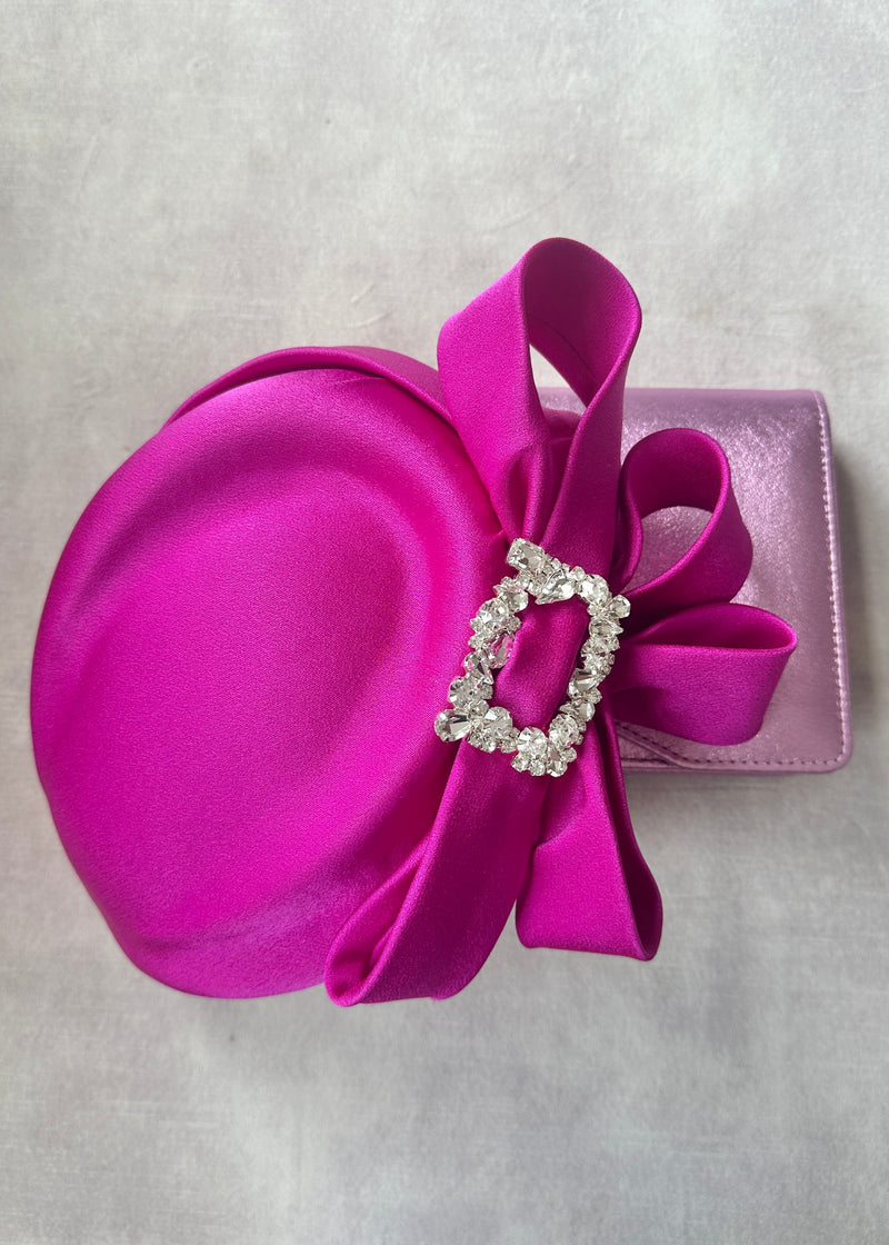 Neso in Satin with Bow and Crystal Buckle in Neon Pink