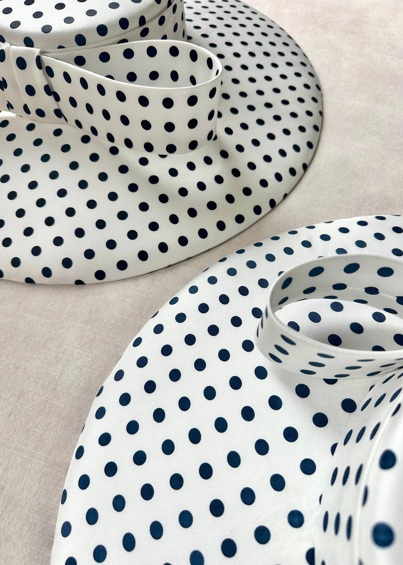 Cynthia Boater Hat in Silk in Polka Dot
