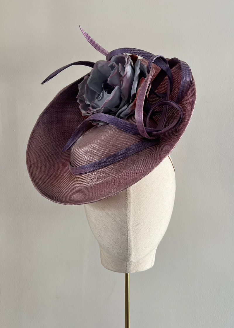 Sedna Cocktail Hat in Sinamay with Flower in Purple