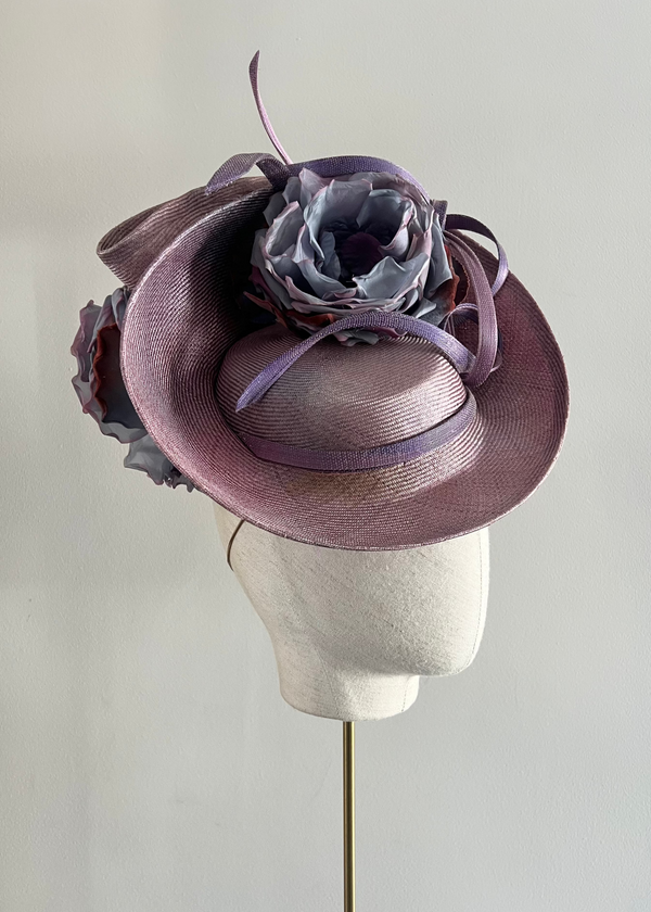 Sedna Cocktail Hat in Sinamay with Flower in Purple