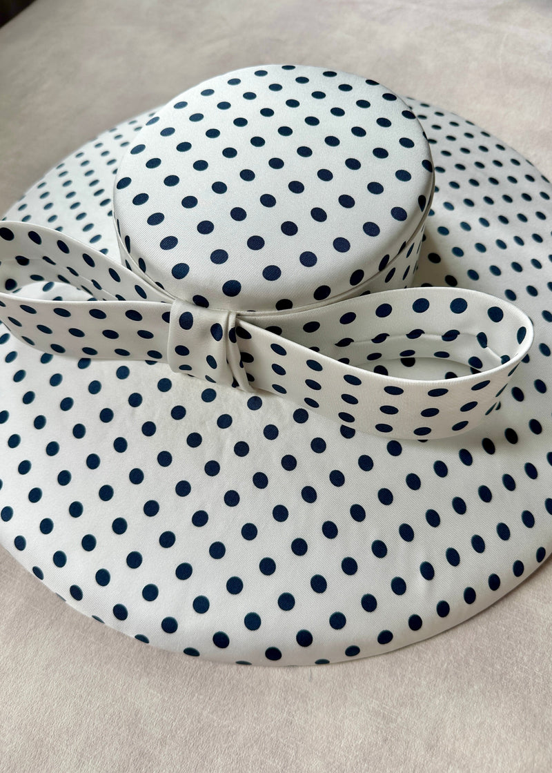 Cynthia Boater Hat in Silk in Polka Dot