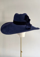 Sweeping Brim Hat in Felt with Velvet Bow in Navy