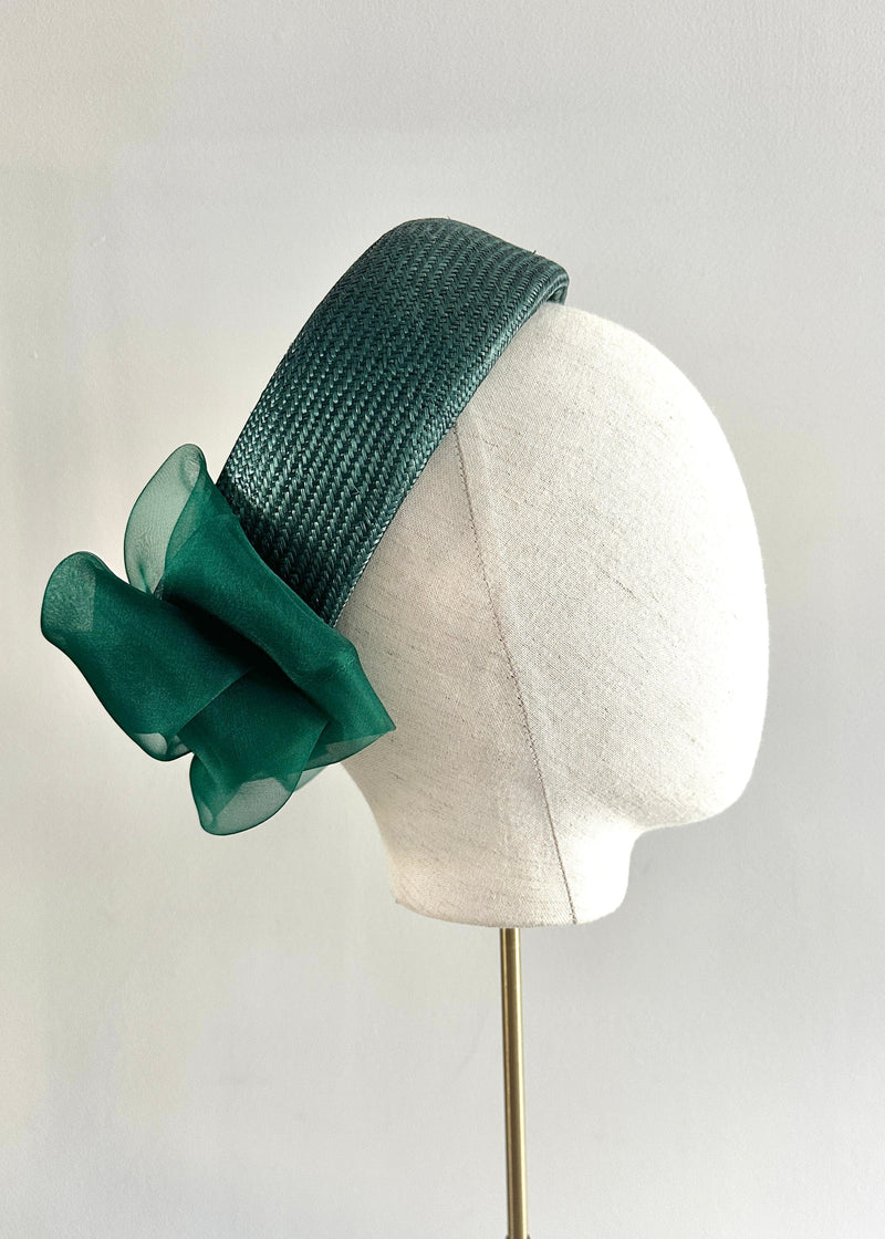 Roma Tailored Pillbox in Straw with Tailored Organza Bow in Green