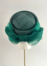 Roma Tailored Pillbox in Straw with Tailored Organza Bow in Green