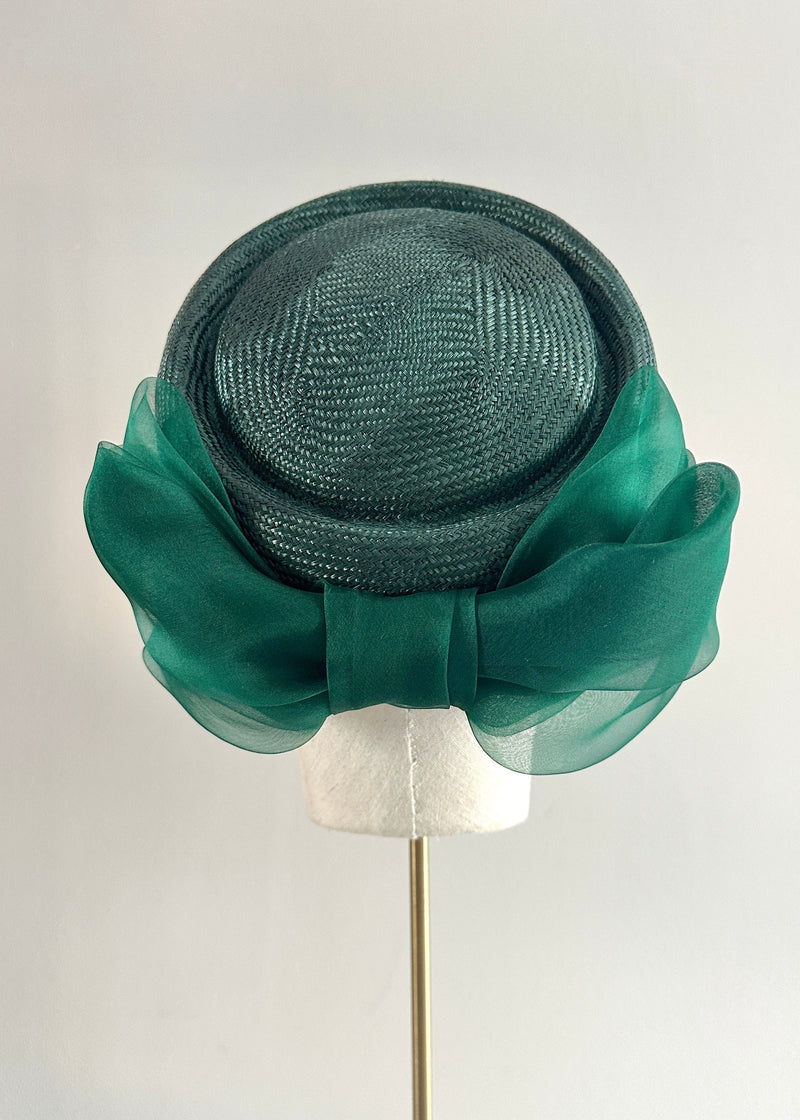Roma Tailored Pillbox in Straw with Tailored Organza Bow in Green