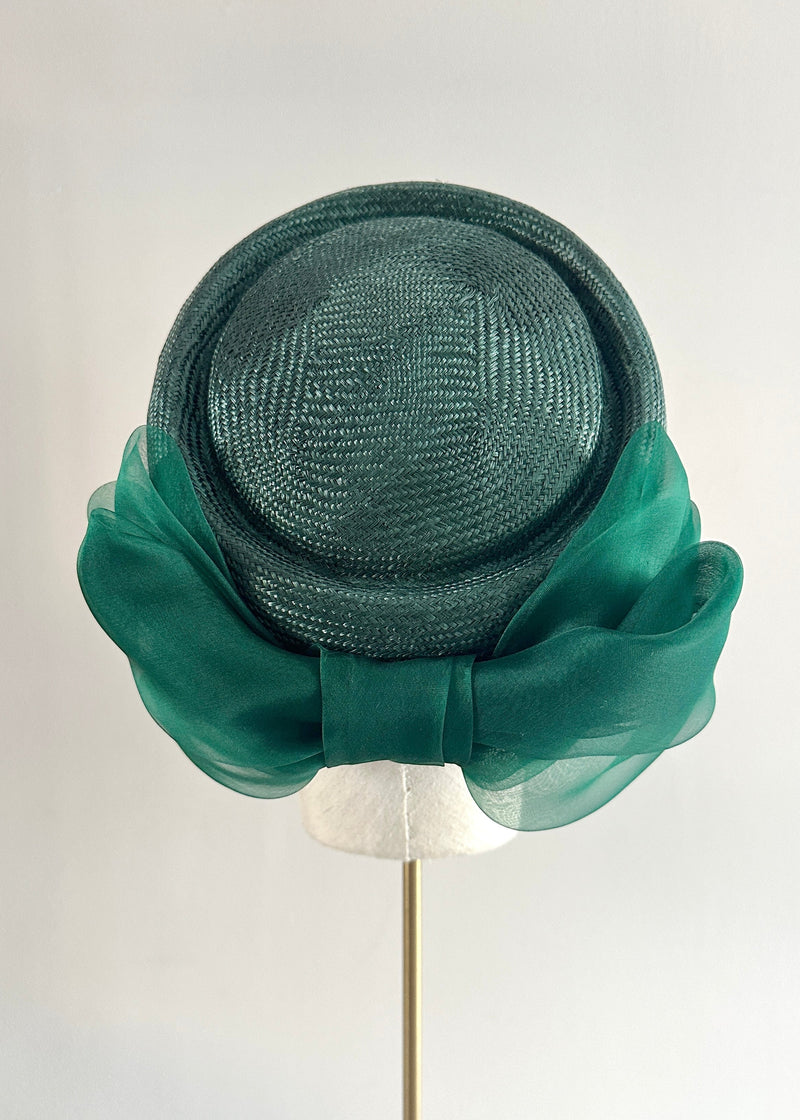 Roma Tailored Pillbox in Straw with Tailored Organza Bow in Green