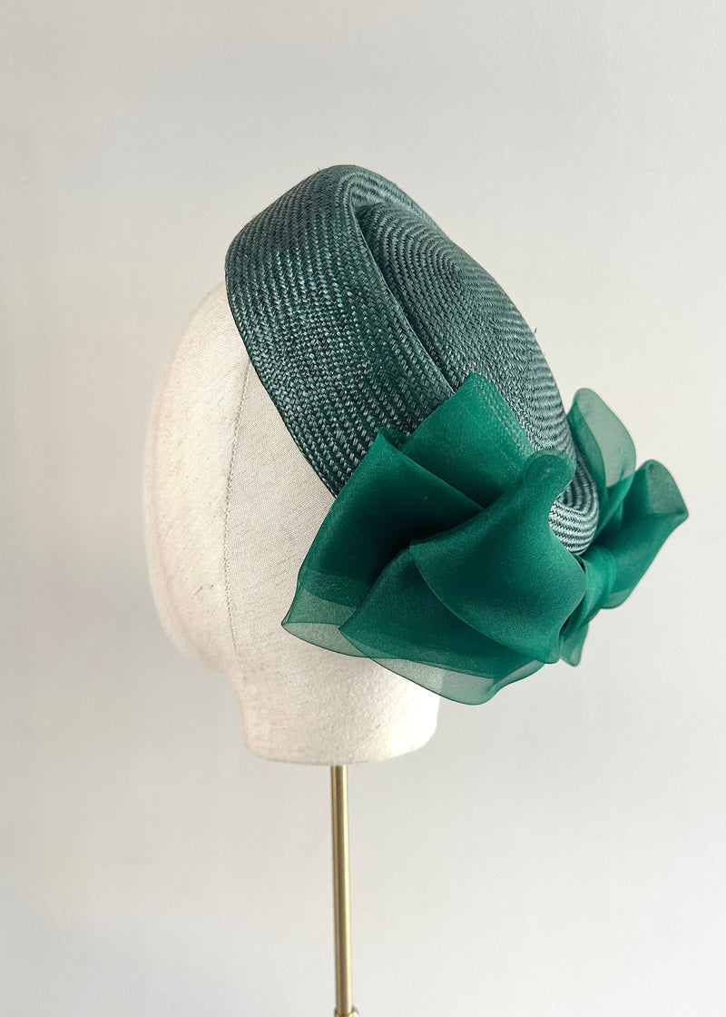 Roma Tailored Pillbox in Straw with Tailored Organza Bow in Green