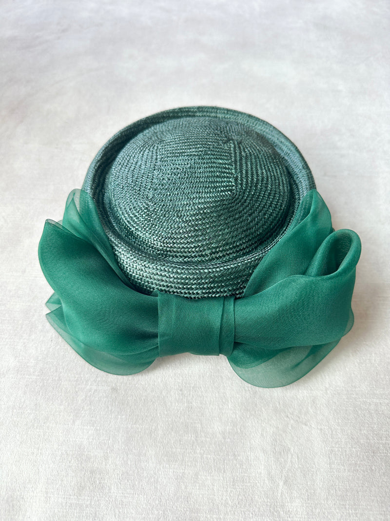 Roma Tailored Pillbox in Straw with Tailored Organza Bow in Green