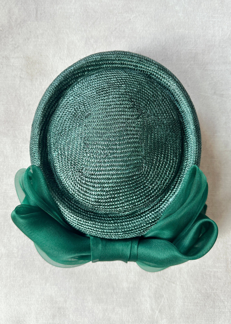 Roma Tailored Pillbox in Straw with Tailored Organza Bow in Green
