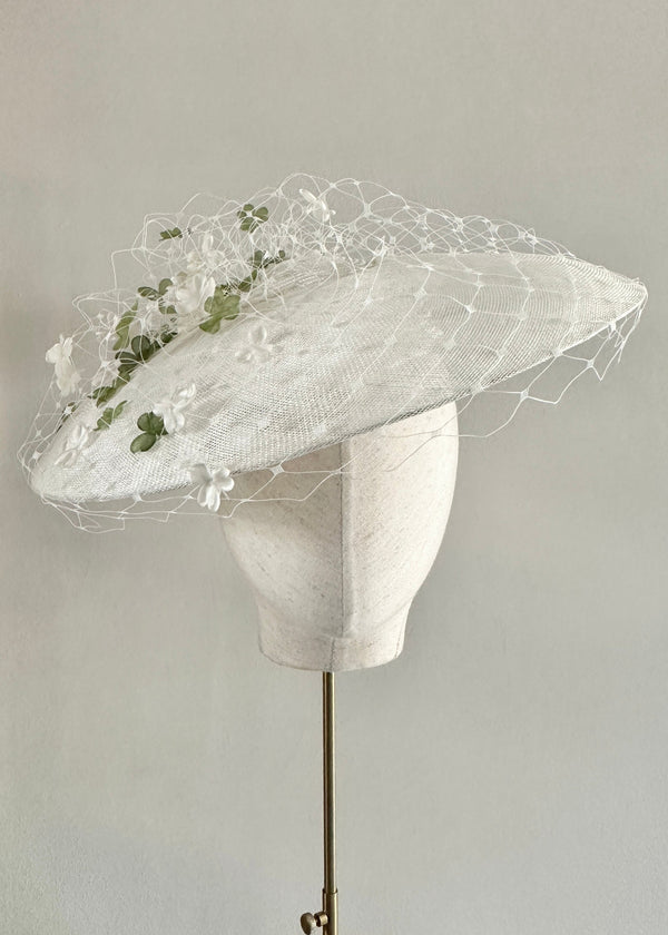 Pomona Hat in Sinamay with Veiling and Clovers