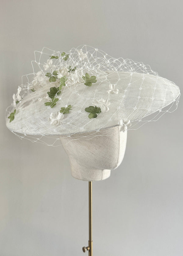 Pomona Hat in Sinamay with Veiling and Clovers