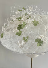 Pomona Hat in Sinamay with Veiling and Clovers