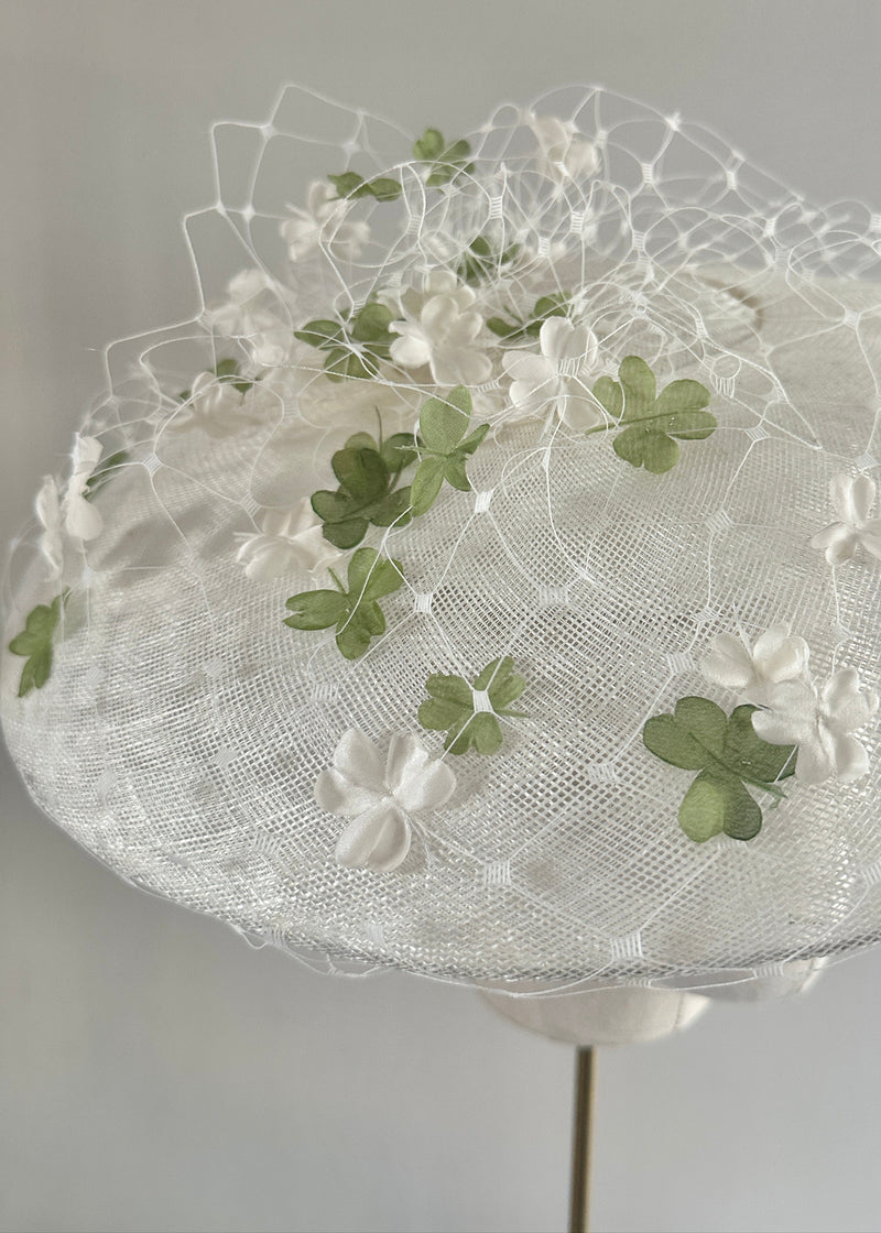 Pomona Hat in Sinamay with Veiling and Clovers