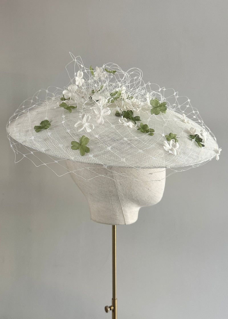 Pomona Hat in Sinamay with Veiling and Clovers