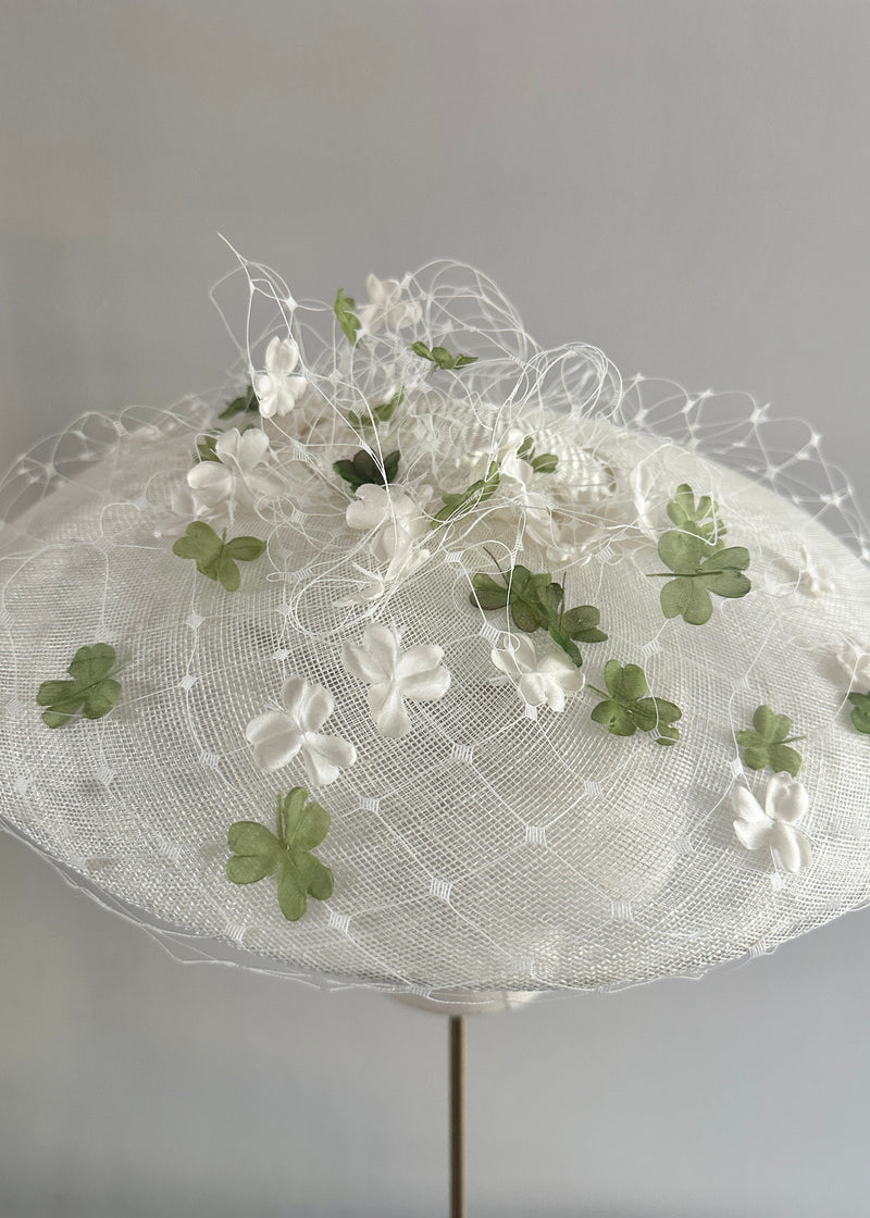 Pomona Hat in Sinamay with Veiling and Clovers