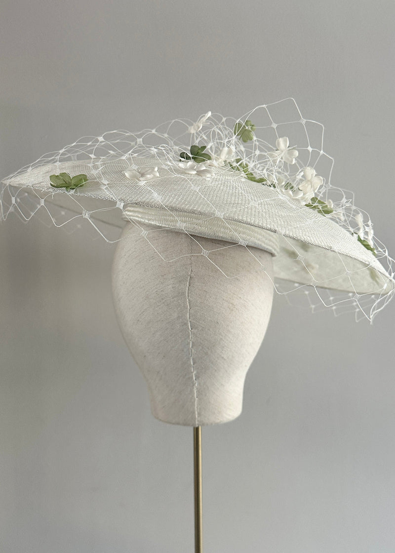 Pomona Hat in Sinamay with Veiling and Clovers