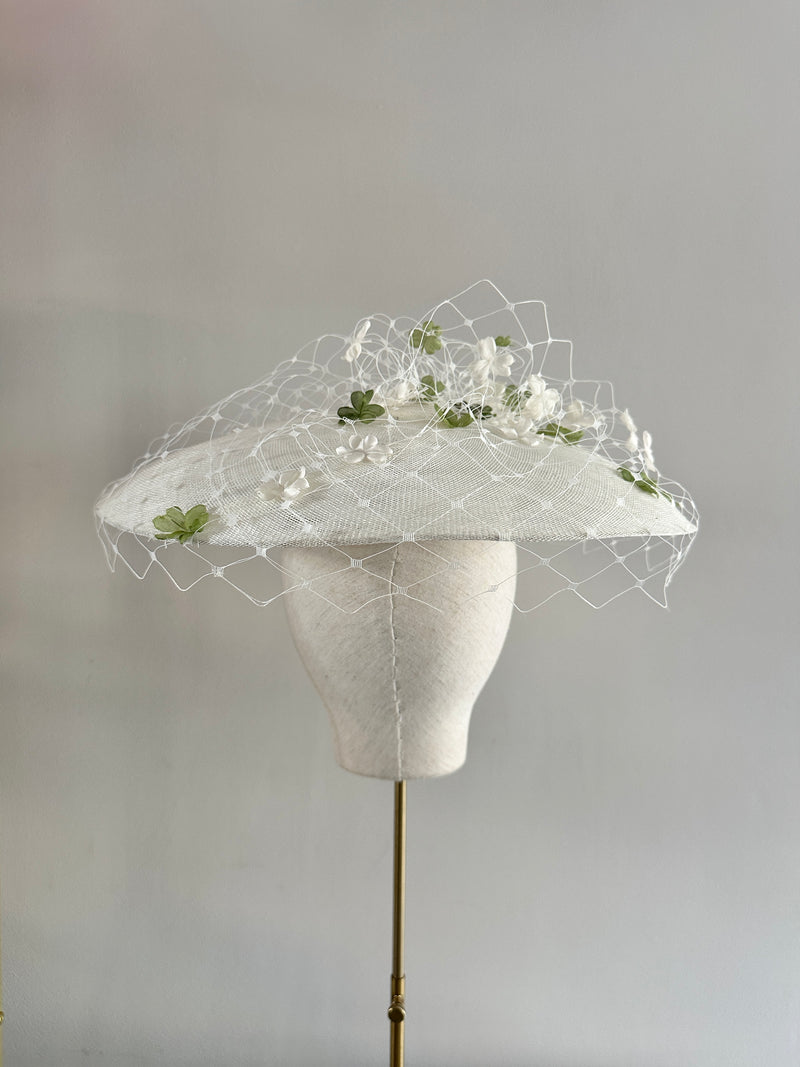 Pomona Hat in Sinamay with Veiling and Clovers